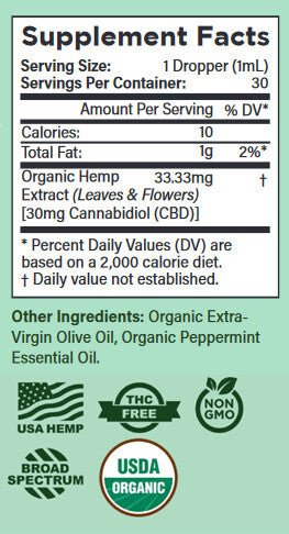 Organic CBD Oil 30mg per serving, Broad Spectrum, Mint Flavor (0.0% THC) - Spring Street Vitamins